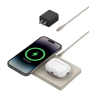 Belkin MagSafe-Compatible 15W 2 in 1 Wireless Charger, Dual Pad | iPhone 16/15/14/13 Series, AirPods compatible, dual device fast charging station, Sand color, Magnetic Belkin MagSafe-Compatible 15W 2 in 1 Wireless Charger, Dual Pad | iPhone 16/15/14/13 Series, AirPods compatible, dual device fast charging station, Sand color, Magnetic