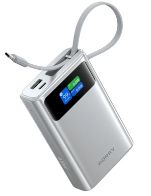 RORRY 45W Portable Charger, 20000mAh Power Bank, iPhone Battery Pack | Fast Charging, Extended Built-in USB C Cable, Smart Display, For iPhone 18Pro/18Pro Max/17/16/15, Galaxy, Pixel, iPad