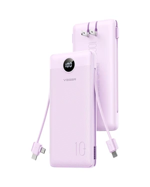 VEGER Portable Charger, 10000mAh Power Bank Built in Wall Plug and Cables | Ultra Slim, Charging 4 Devices Once, Travel Essentials, USB C Battery Pack for iPhone, iPad, Samsung, Android, Purple