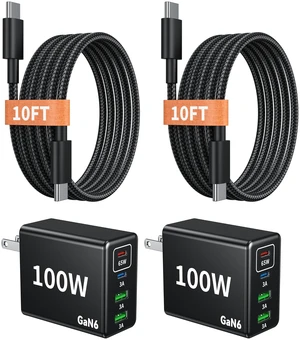 100W Fast USB C Charger Block, 4 Port Type C Charger Fast Charging Station | 2 Pack 2 USB C 2 USB Afor iPhone 18 Pro Max/Duo/17,Galaxy S26/S25 Ultra,iPad 65 Watt GaN Wall Charger with10FT Cable 100W Fast USB C Charger Block, 4 Port Type C Charger Fast Charging Station | 2 Pack 2 USB C 2 USB Afor iPhone 18 Pro Max/Duo/17,Galaxy S26/S25 Ultra,iPad 65 Watt GaN Wall Charger with10FT Cable