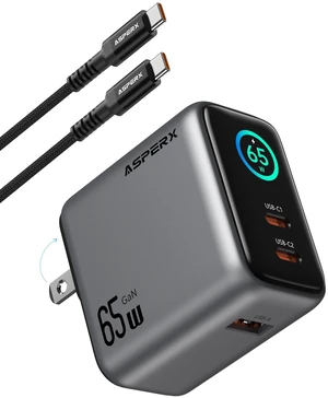 ASPERX 65W USB C Charger Block, 3-Port Fast Charging Block, Smart Display | Foldable GaN Type C Charger for iPhone 18/17/16/15, MacBook Pro/Air, Galaxy S25/24/23/22, iPad, and More (Include 5FT Cable) ASPERX 65W USB C Charger Block, 3-Port Fast Charging Block, Smart Display | Foldable GaN Type C Charger for iPhone 18/17/16/15, MacBook Pro/Air, Galaxy S25/24/23/22, iPad, and More (Include 5FT Cable)