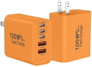 USB C Super Fast Charger Block, 100W USBC Charging Block Wall Plug Adapter | 2Pack 5-Port Type C Phone Charging Cubes Multiport Power Adapter for iPhone 17/16/15/14/13,Galaxy S26/S25 Ultra,iPad-Orange
