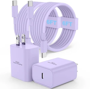2Pack USB C Super Fast Charger for Samsung S26/25 with 6FT Cables Purple | PD PPS Type C Wall Charger for Galaxy S26/S25/S24, iPhone 17/16/15 and iPad; includes 2 chargers and 2 x 6FT USB C cables