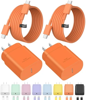 Type C Charger Fast Charging,USB C Charger,25W Samsung Super Fast Charger | for Samsung Galaxy S26/S25/S24/iPhone 17/16/15 Series,Android,with 12FT Extra Long USB C Cable (2-Pack with 2 Cable Orange)