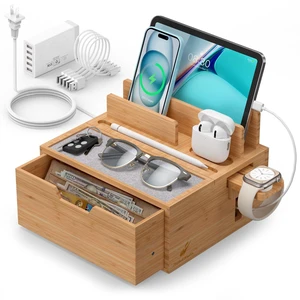 Pezin & Hulin Charging Station Dock with Charger HUB and Cables-Natural | Nightstand Docking Station with Lined Tray & Drawer for Multi Device, Compatible with Tablet, Cell Phones, Watch & Earbuds Pezin & Hulin Charging Station Dock with Charger HUB and Cables-Natural | Nightstand Docking Station with Lined Tray & Drawer for Multi Device, Compatible with Tablet, Cell Phones, Watch & Earbuds