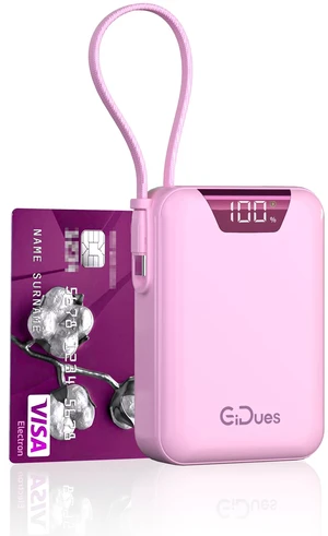 Gidues M2 Portable Charger, 20000mAh Power Bank, PD 35W Ultra Fast USB-C Built-in Cable, Compact Cute Mini External Battery Pack for iPhone, Samsung, Android iPad (Pink)
