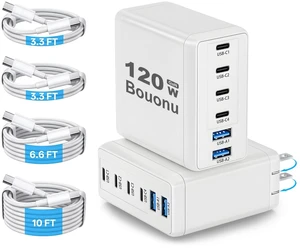 Bouonu 2 Pack USB C Charger Block with 4 USB Cables 120W GaN Type C Fast | Charging 6 Port Foldable for iPhone 17/16 Series, Pixel, iPad, Samsung Galaxy Series (White)