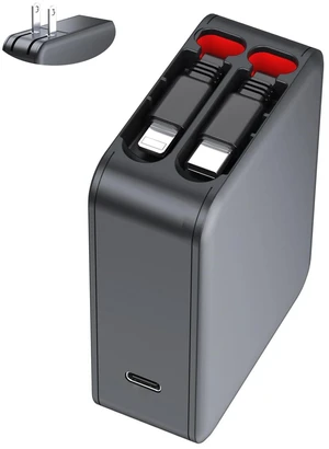 Wall Charger, GaN Fast Charging, Retractable Dual Cables, USBC Port, Folding Plug, Compact Travel Multi Charging Block for iPhone, Samsung, Tables, iPad