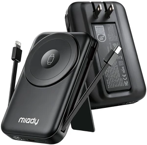 Miady Magnetic Power Bank Portable Charger 15W 10000mAh, | PD 20W Power Bank Built-in Cables & AC Wall Plug, Wireless Battery Pack for iPhone 17/16/15/14/13/12, Apple Watch and Airpod