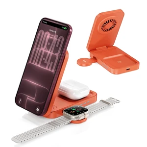 3-in-1 Magnetic Wireless Charging Station, Orange Phone Charger | Desk-to-travel dock with 360° viewing and active cooling for phone, watch and earbuds 3-in-1 Magnetic Wireless Charging Station, Orange Phone Charger | Desk-to-travel dock with 360° viewing and active cooling for phone, watch and earbuds