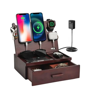 Nightstand Organizer with Drawer Built in 4 USB Quick Charger, Wood Phone Docking Station with Dual Phone Charging Station for Apple Android Phones Anniversary Birthday Gifts for Men Dad Hunsband Mom Nightstand Organizer with Drawer Built in 4 USB Quick Charger, Wood Phone Docking Station with Dual Phone Charging Station for Apple Android Phones Anniversary Birthday Gifts for Men Dad Hunsband Mom