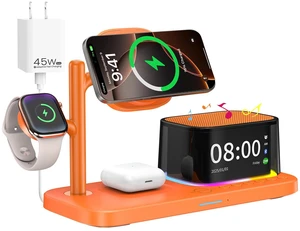 7-in-1 Wireless Charging Station for Multiple Apple Devices Bluetooth Speaker Alarm Clock Night Light, Qi2.2 Charger Stand for iPhone 17/16/15 Pro Max Apple Watch Airpods 45W Adapter Included (Orange) 7-in-1 Wireless Charging Station for Multiple Apple Devices Bluetooth Speaker Alarm Clock Night Light, Qi2.2 Charger Stand for iPhone 17/16/15 Pro Max Apple Watch Airpods 45W Adapter Included (Orange)
