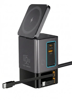 105W GaN Desktop Charging Station - 6 in 1 Fast Charger Block with Dual 65W Retractable Type C Cables, Magnetic Wireless Charging Stand for MacBook Pro/Air, iPhone17 16 15, iPad, Office Desk Organizer 105W GaN Desktop Charging Station - 6 in 1 Fast Charger Block with Dual 65W Retractable Type C Cables, Magnetic Wireless Charging Stand for MacBook Pro/Air, iPhone17 16 15, iPad, Office Desk Organizer