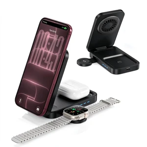 3-in-1 Magnetic Wireless Charging Station 25W Black Phone Charger | Desk-to-travel dock with 360° viewing and active cooling for phone, watch and earbuds 3-in-1 Magnetic Wireless Charging Station 25W Black Phone Charger | Desk-to-travel dock with 360° viewing and active cooling for phone, watch and earbuds