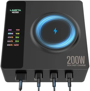 LIMETA MD200X 200W Desktop Charging Station, 5-in-1 Smart USB C Charger with 140W PD 3.1 and Wireless Charging Pad for Laptop, Tablet, Phone & Earbuds Home Ofiice LIMETA MD200X 200W Desktop Charging Station, 5-in-1 Smart USB C Charger with 140W PD 3.1 and Wireless Charging Pad for Laptop, Tablet, Phone & Earbuds Home Ofiice