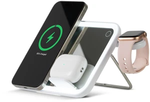 AT&T 3 in 1 Content Creator Light Mirror Magnetic Phone Charger Stand White|LED rectangle mirror, magnetic holder, wireless charging,multi device station, selfie, makeup and social media content setup AT&T 3 in 1 Content Creator Light Mirror Magnetic Phone Charger Stand White|LED rectangle mirror, magnetic holder, wireless charging,multi device station, selfie, makeup and social media content setup