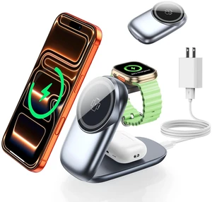 Vexirum 3-in-1 Wireless Charging Station for MagSafe,Foldable Magnetic Stand for iPhone 17/Air/16/15/14/13/12 Series, Apple Watch/AirPods,15W Fast Wireless Charger for Home/Office/Travel