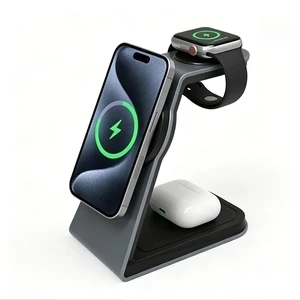 3 in 1 Wireless Charger Station,Qi2.2 Certified 25W Fast Magnetic MagSafe Charging Stand,No Fan Noise & No LED Glow,Sleep-Friendly Nightstand Charger for iPhone 17-12 Pro Max,Apple Watch & AirPods