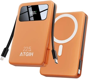 ATGIH 10000mAh Magnetic Wireless Power Bank, 5-in-1 Portable Charger with 2 Built-in Cables, 22.5W PD Fast Charging Magnetic Battery Pack for iPhone 17/16/15/14/13/12 and All Series Orange ATGIH 10000mAh Magnetic Wireless Power Bank, 5-in-1 Portable Charger with 2 Built-in Cables, 22.5W PD Fast Charging Magnetic Battery Pack for iPhone 17/16/15/14/13/12 and All Series Orange