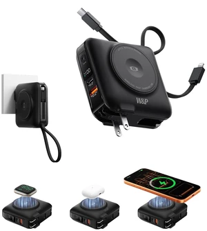 W&P 45W Fast Charging Magnetic Portable Charger with 2 Cables&AC Wall Plug | 15000mAh, Wireless charging for iPhone/iwatch/Airpods, TSA Compliant, LED Display Travel essential for iPhone/iPad/Android