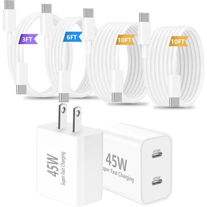 45W Dual USB-C Fast Charger 2-Pack & 4 Extra Long Cables for iPhone/Samsung | 4 Extra Long Type C to C Cables (3/6/10/10FT). Fits iPhone 17/16/15 Pro Max, Galaxy S25/S24 Ultra, iPad & Pixel 45W Dual USB-C Fast Charger 2-Pack & 4 Extra Long Cables for iPhone/Samsung | 4 Extra Long Type C to C Cables (3/6/10/10FT). Fits iPhone 17/16/15 Pro Max, Galaxy S25/S24 Ultra, iPad & Pixel