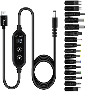 100W USB C to DC power charger with adjustable 5V/9V/12V/15V/20V, with 16 DC adapter heads and LED display screen. USB to DC cable for devices such as tablets,speakers,routers and dc connector (3.9ft) 100W USB C to DC power charger with adjustable 5V/9V/12V/15V/20V, with 16 DC adapter heads and LED display screen. USB to DC cable for devices such as tablets,speakers,routers and dc connector (3.9ft)