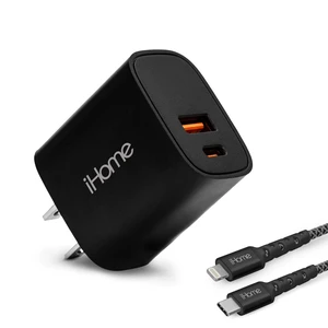 iHome Charge & Sync Bundle, Dual Port USB Charger, 20W Power Delivery, 6ft Lightning to USB-C Cable iHome Charge & Sync Bundle, Dual Port USB Charger, 20W Power Delivery, 6ft Lightning to USB-C Cable