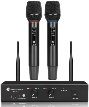 Wireless Microphone System, Dual Handheld Microphone for Singing | 262ft UHF Stable Range, 2x100 Tunable Frequencies, Mics & Transmission Systems for Karaoke, Church, Wedding, Stage, DJ Events Wireless Microphone System, Dual Handheld Microphone for Singing | 262ft UHF Stable Range, 2x100 Tunable Frequencies, Mics & Transmission Systems for Karaoke, Church, Wedding, Stage, DJ Events