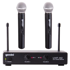 Dual-Channel UHF Handheld Microphone System (UHF-02M-S12) | Dual-channel UHF handheld mics, 517-521 MHz - 150 ft range - dual volume controls - auto-pair, ABS Dual-Channel UHF Handheld Microphone System (UHF-02M-S12) | Dual-channel UHF handheld mics, 517-521 MHz - 150 ft range - dual volume controls - auto-pair, ABS