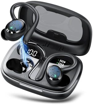 Bluetooth Headphones Wireless Earbuds 72hrs Playtime Wireless Charging Case Digital Display, Ear Buds with Earhook,IPX7 Waterproof, Deep Bass 2.0,Over-Ear Earphones for Sport Running, Black