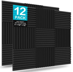 12 Pack Acoustic Foam Panels, Wedges Sound Proof Foam Panels for Walls | 1" X 12" X 12", Black, NRC0.8, High Desnsity, Studio Soundproofing, Durable, Noise Absorbing for Studio, Office, Home