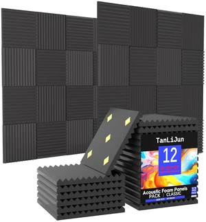 12 Pack Sound Proof Foam Panels for Walls, 1" x 12" x 12" High Density Acoustic Panels, Sound Absorbing Noise Cancelling Foam for Recording Studio, Office, Home Theater (Black, 12 Pack)