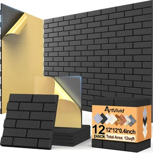 12Pack Acoustic Panels, Brick Pattern Sound Proof Panels for Walls | 12"×12"×0.4", Black, NRC>0.95 Absorbs Noise, High Density, Self-Adhesive Odorless Durable, for Recording Studios