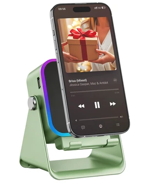 White Elephant Gifts Wireless Induction Speaker with Phone Stand | 5-in-1 Bluetooth Speaker with RGB Light, Adjustable Desk Phone Holder with USB Wired Charging for Home Office Kitchen Use