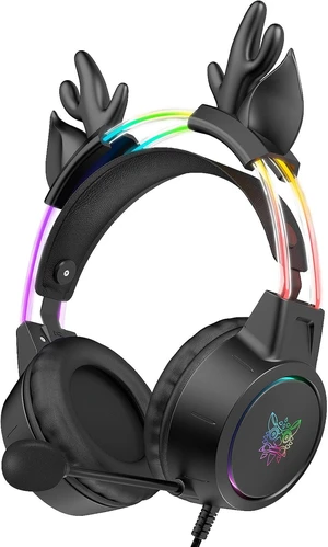 Lightweight Gaming Headset, RGB Lighting, Wired Over Ear Headphones with Mic for PC Laptop PS4 PS5 Switch, Stereo Surround Sound, Self-Adjusting Headband, Black Cat Ear Black Deer Ear Lightweight Gaming Headset, RGB Lighting, Wired Over Ear Headphones with Mic for PC Laptop PS4 PS5 Switch, Stereo Surround Sound, Self-Adjusting Headband, Black Cat Ear Black Deer Ear