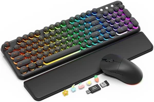 RGB Backlit Wireless Keyboard and Mouse Combo with Retro Round Keys | 7 solid colors + RGB, Soft wrist rest, Compact layout with numpad, Typewriter-style, Quiet keys, Rechargeable, Light-up mouse RGB Backlit Wireless Keyboard and Mouse Combo with Retro Round Keys | 7 solid colors + RGB, Soft wrist rest, Compact layout with numpad, Typewriter-style, Quiet keys, Rechargeable, Light-up mouse