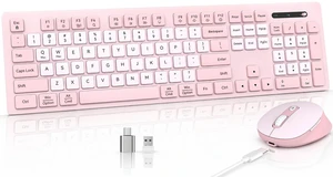 Rechargeable 2.4Ghz Wireless Keyboard and Mouse Combo - Pink | Full Size with Number Pad, 4-Level DPI Adjustable Silent Mouse, Ergonomic Stands, USB-A & USB-C Connectivity, for Windows/Mac Rechargeable 2.4Ghz Wireless Keyboard and Mouse Combo - Pink | Full Size with Number Pad, 4-Level DPI Adjustable Silent Mouse, Ergonomic Stands, USB-A & USB-C Connectivity, for Windows/Mac