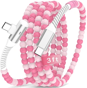 USB C Cable Beaded 60W Fast Charging Phone Charger Cord Women Girl 3FT Pink | Beaded 90 Degree Right Angle Cord Type C Wire Gaming Bedside Phone Charging Cable for Pixel 11 10 for iPhone 17 16 18 Pro