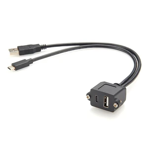 Dual USB 2.0 A & Type C Male to Female Panel Mount Extension Cable (1FT) Dual USB 2.0 A & Type C Male to Female Panel Mount Extension Cable (1FT)