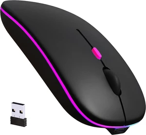 Rechargeable Wireless Mouse with 7-Color LED, Black Dual Mode Bluetooth 5.2 + 2.4G USB Receiver, Slim Portable Cordless Mouse for Laptop, iPad, Mac, Chromebook Rechargeable Wireless Mouse with 7-Color LED, Black Dual Mode Bluetooth 5.2 + 2.4G USB Receiver, Slim Portable Cordless Mouse for Laptop, iPad, Mac, Chromebook