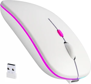 Rechargeable Wireless Mouse with 7-Color LED, White Dual Mode Bluetooth 5.2 + 2.4G USB Receiver, Slim Portable Cordless Mouse for Laptop, iPad, Mac, Chromebook Rechargeable Wireless Mouse with 7-Color LED, White Dual Mode Bluetooth 5.2 + 2.4G USB Receiver, Slim Portable Cordless Mouse for Laptop, iPad, Mac, Chromebook