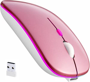 Rechargeable Wireless Mouse with 7-Color LED, Rosegold Dual Mode Bluetooth 5.2 + 2.4G USB Receiver, Slim Portable Cordless Mouse for Laptop, iPad, Mac, Chromebook Rechargeable Wireless Mouse with 7-Color LED, Rosegold Dual Mode Bluetooth 5.2 + 2.4G USB Receiver, Slim Portable Cordless Mouse for Laptop, iPad, Mac, Chromebook