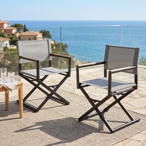 Extra-Wide Folding Directors Chairs Set of 2, Outdoor Dining | 2-pack outdoor folding dining chairs with sling seats and woodgrain armrests, extra-wide directors chairs for patio, gray. Extra-Wide Folding Directors Chairs Set of 2, Outdoor Dining | 2-pack outdoor folding dining chairs with sling seats and woodgrain armrests, extra-wide directors chairs for patio, gray.