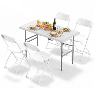4 FT Folding Picnic Table, with 4 White Folding Chairs | Easy to Fold and Store, Foldable Table for Camping Picnic Dining Party Kitchen Outdoor Indoor with Carrying Handle 4 FT Folding Picnic Table, with 4 White Folding Chairs | Easy to Fold and Store, Foldable Table for Camping Picnic Dining Party Kitchen Outdoor Indoor with Carrying Handle