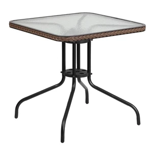 28 in Tempered Glass Square Table, Dark Brown | Dark Brown Rattan Edging 28 in Tempered Glass Square Table, Dark Brown | Dark Brown Rattan Edging