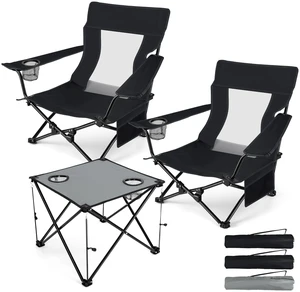 Low Beach Chairs, 3Pcs Folding Camping Chairs with Table - Black | Lawn Chair Set for Adults Fishing, Picnic, Outdoor, Travel, Sports, Cup Holder & Storage Bag, No Assembly Required Low Beach Chairs, 3Pcs Folding Camping Chairs with Table - Black | Lawn Chair Set for Adults Fishing, Picnic, Outdoor, Travel, Sports, Cup Holder & Storage Bag, No Assembly Required