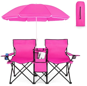 Double Portable Picnic Chairs, Folding Camping Chairs w/Detachable Umbrella, Cooler Bag, Cup Holders, Patio Beach Camping Chairs for Outdoors, Pink Double Portable Picnic Chairs, Folding Camping Chairs w/Detachable Umbrella, Cooler Bag, Cup Holders, Patio Beach Camping Chairs for Outdoors, Pink