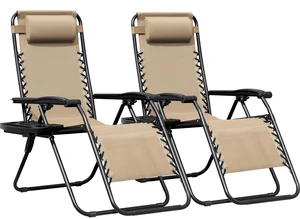 Zero Gravity Chairs Set of 2 Adjustable Steel Mesh Recliners Beach Deck Lawn Camping Patio Foldable Lounge Chair with Cup Holder Trays and Pillows,Cream-Coloured Zero Gravity Chairs Set of 2 Adjustable Steel Mesh Recliners Beach Deck Lawn Camping Patio Foldable Lounge Chair with Cup Holder Trays and Pillows,Cream-Coloured