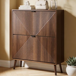 Shoe Cabinet Storage, Farmhouse Freestanding Organizer with 2 Flip Drawers | Narrow Fluted Shoes Rack Cabinet with 4 Wooden feet, Hidden Shoe Organizer for Entryway, Foyer, Hallway, Walnut Shoe Cabinet Storage, Farmhouse Freestanding Organizer with 2 Flip Drawers | Narrow Fluted Shoes Rack Cabinet with 4 Wooden feet, Hidden Shoe Organizer for Entryway, Foyer, Hallway, Walnut