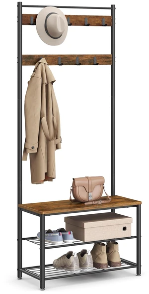 Coat Rack, Hall Tree with Shoe Storage Bench, 3-in-1, Steel Frame | Traditional Basic Entryway Bench, 12.6 x 27.6 x 68.9 Inches, Rustic Brown and Black, DACEY Collection UHSR41BX Coat Rack, Hall Tree with Shoe Storage Bench, 3-in-1, Steel Frame | Traditional Basic Entryway Bench, 12.6 x 27.6 x 68.9 Inches, Rustic Brown and Black, DACEY Collection UHSR41BX